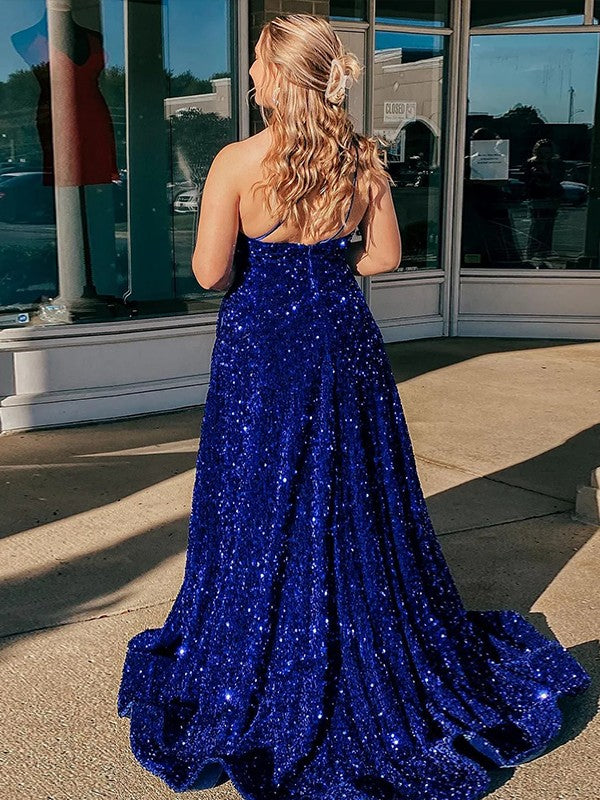Wholesale A-Line/Princess Velvet Sequins Ruffles One-Shoulder Sleeveless Sweep/Brush Train Plus Size Dresses